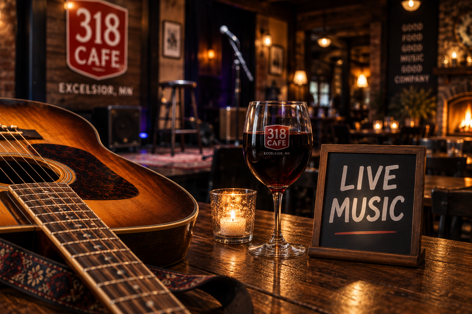 Live music at 318 Cafe in Excelsior with an acoustic guitar, wine and an intimate listening-room atmosphere.