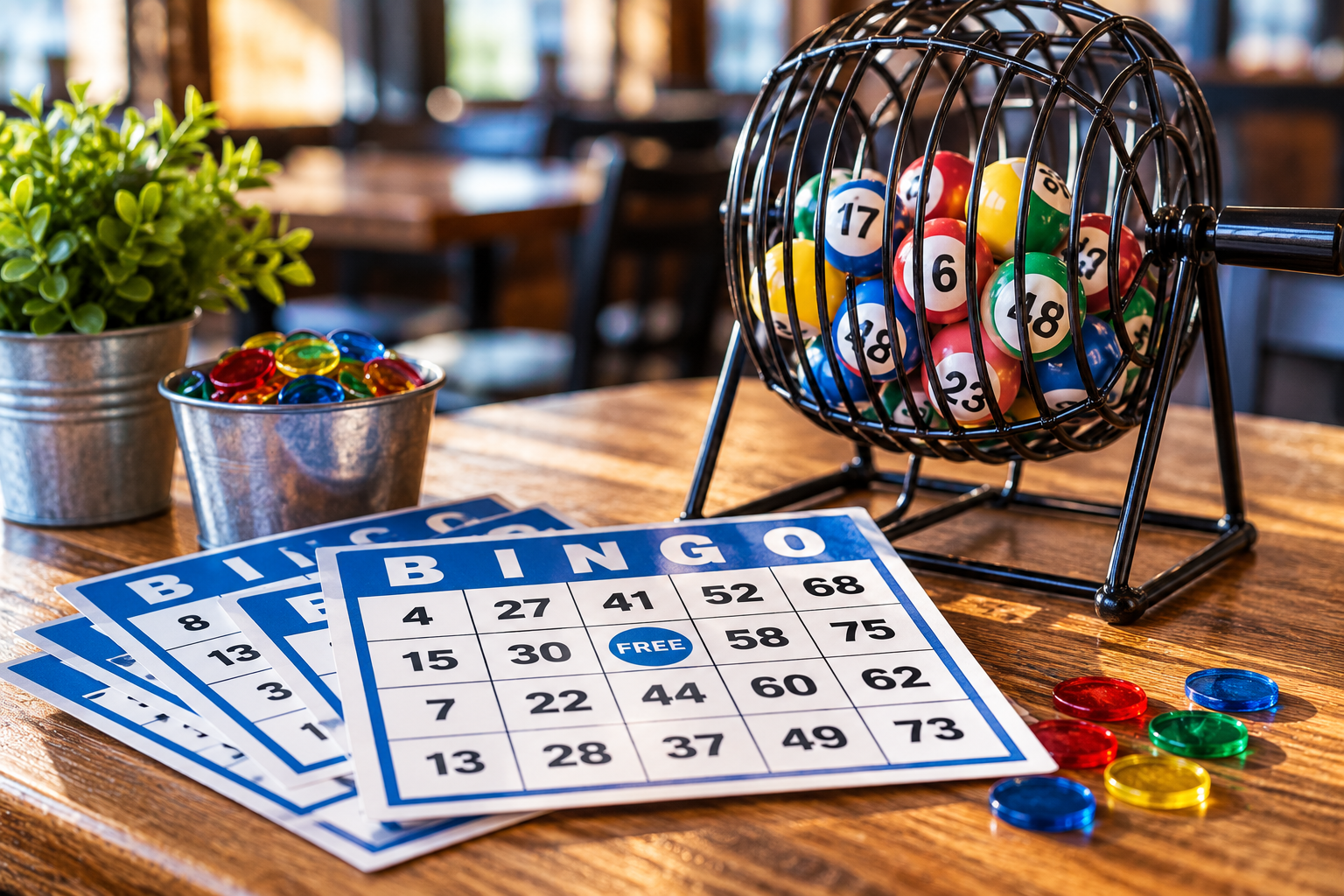 Bingo night with bingo cards, colorful markers and a classic bingo ball cage on a wooden table.