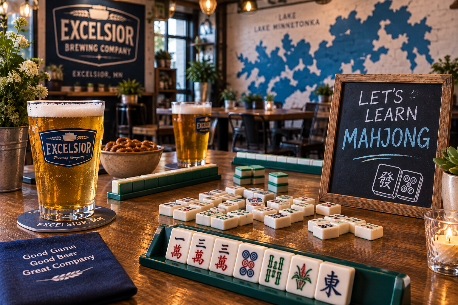 Mahjong night at Excelsior Brewing Company with colorful mahjong tiles