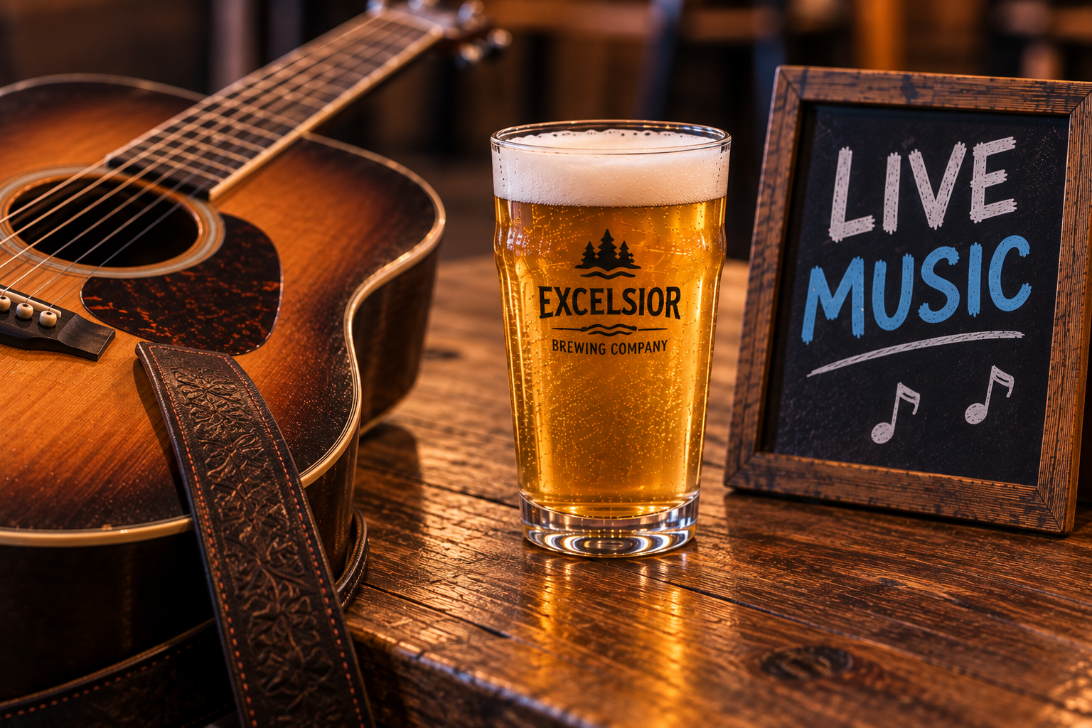 Live music at Excelsior Brewing Company with an acoustic guitar, EBC beer and live music sign.
