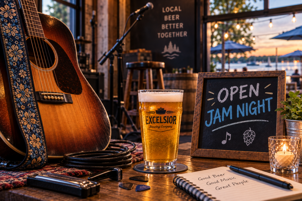 Open jam night at Excelsior Brewing Company with an acoustic guitar, microphone and EBC craft beer.