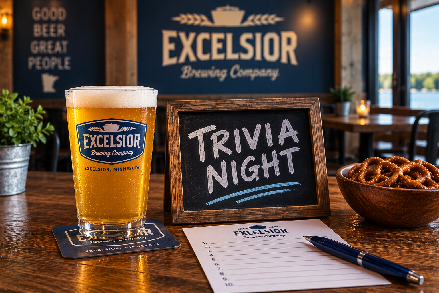Trivia night at Excelsior Brewing Company with a trivia answer sheet, craft beer, pretzels and a trivia sign on a wooden table.