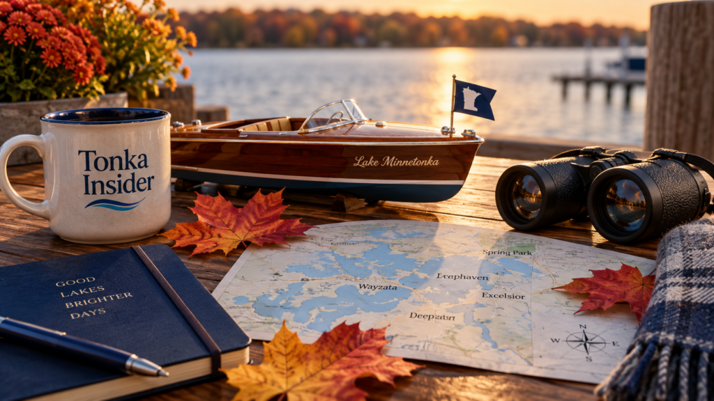 Tonka Insider mug, model wooden boat, and map of Lake Minnetonka surrounded by fall maple leaves at sunset