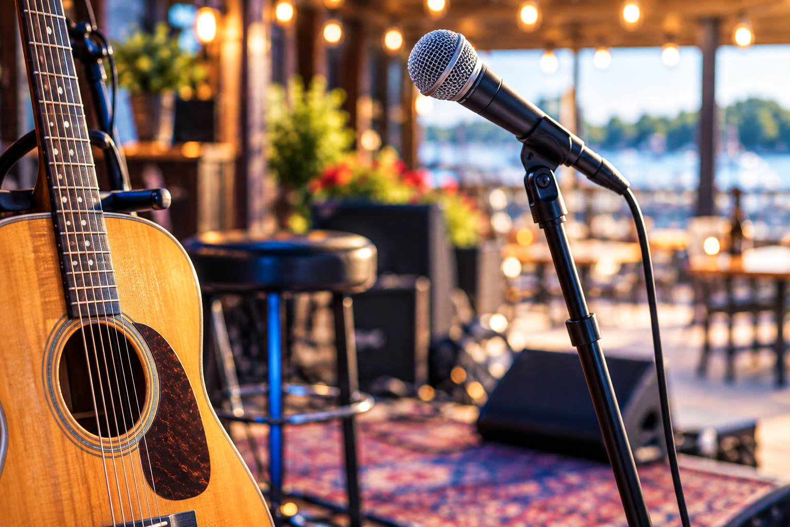 Live music event with an acoustic guitar and microphone in a bright performance setting