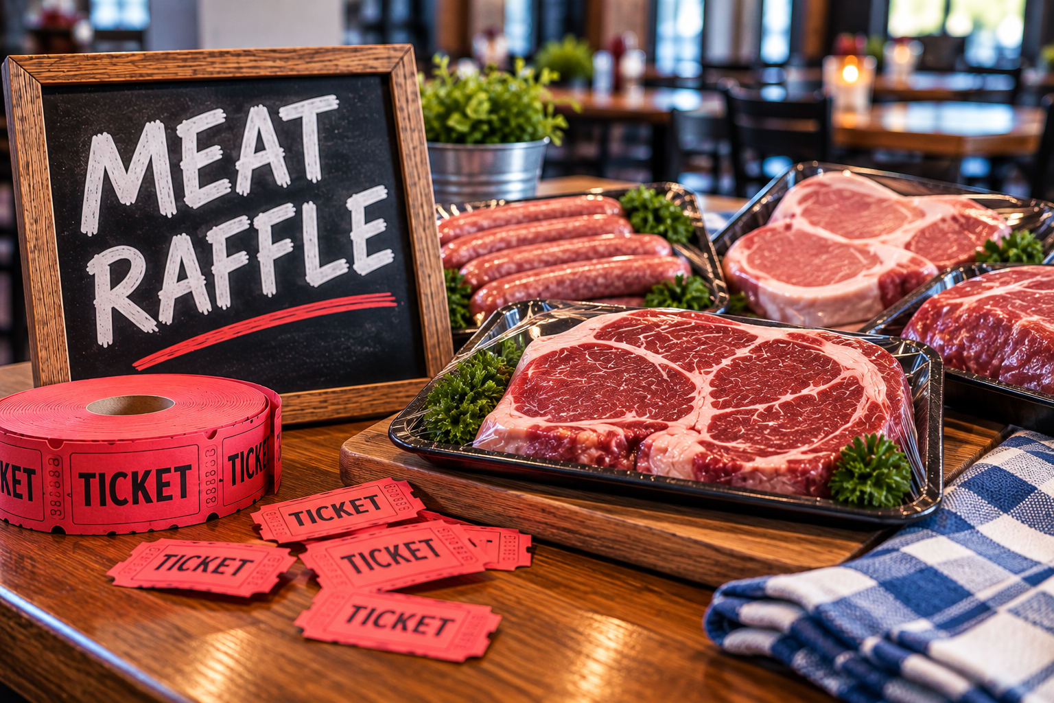 Meat raffle with packaged steaks, sausages and red raffle tickets displayed on a wooden table.