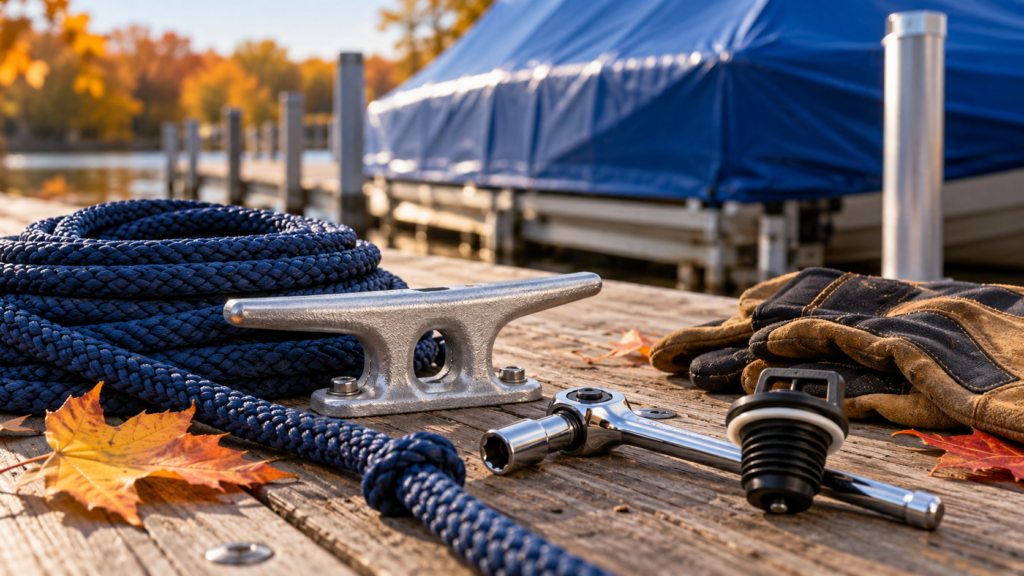 Coiled navy rope, dock cleat, ratchet, boat drain plug, and work gloves on a Lake Minnetonka dock with a covered boat