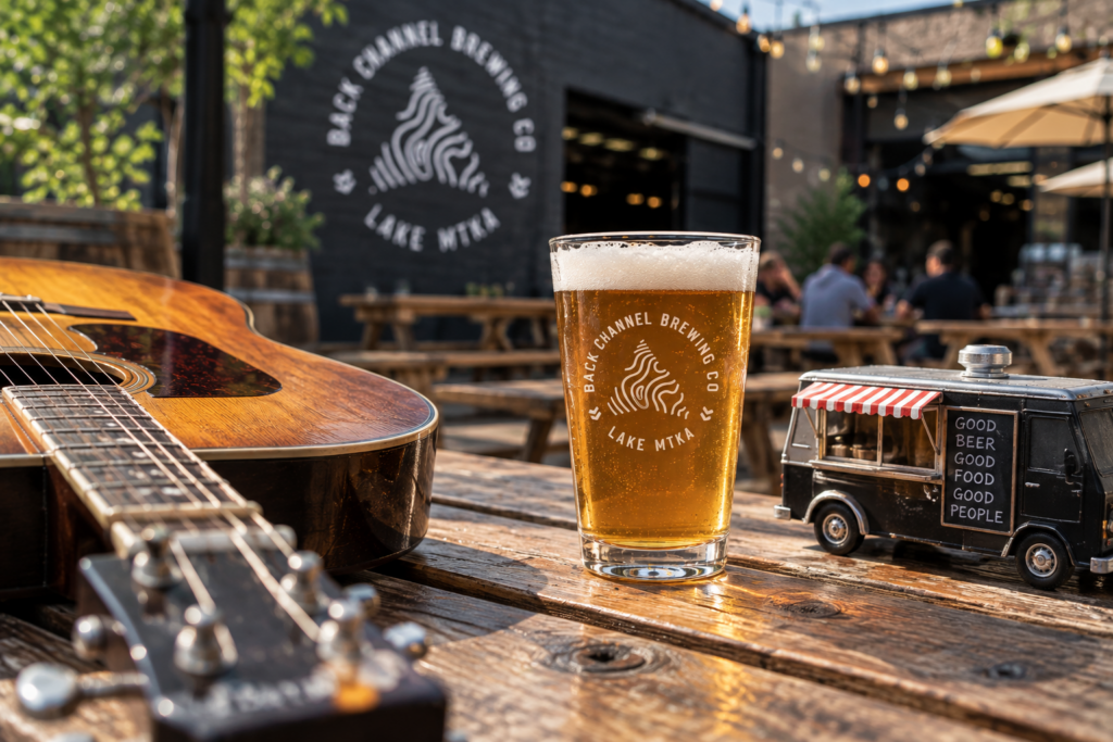 Live music and food truck night at Back Channel Brewing with an acoustic guitar, craft beer and miniature food truck.