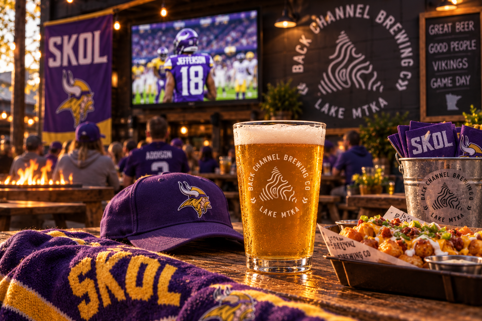 Minnesota Vikings watch party at Back Channel Brewing with craft beer, Vikings gear and game-day food.
