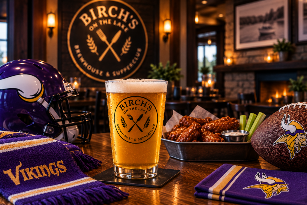 Minnesota Vikings Sunday football at Birch’s on the Lake with beer, wings and Vikings gear.