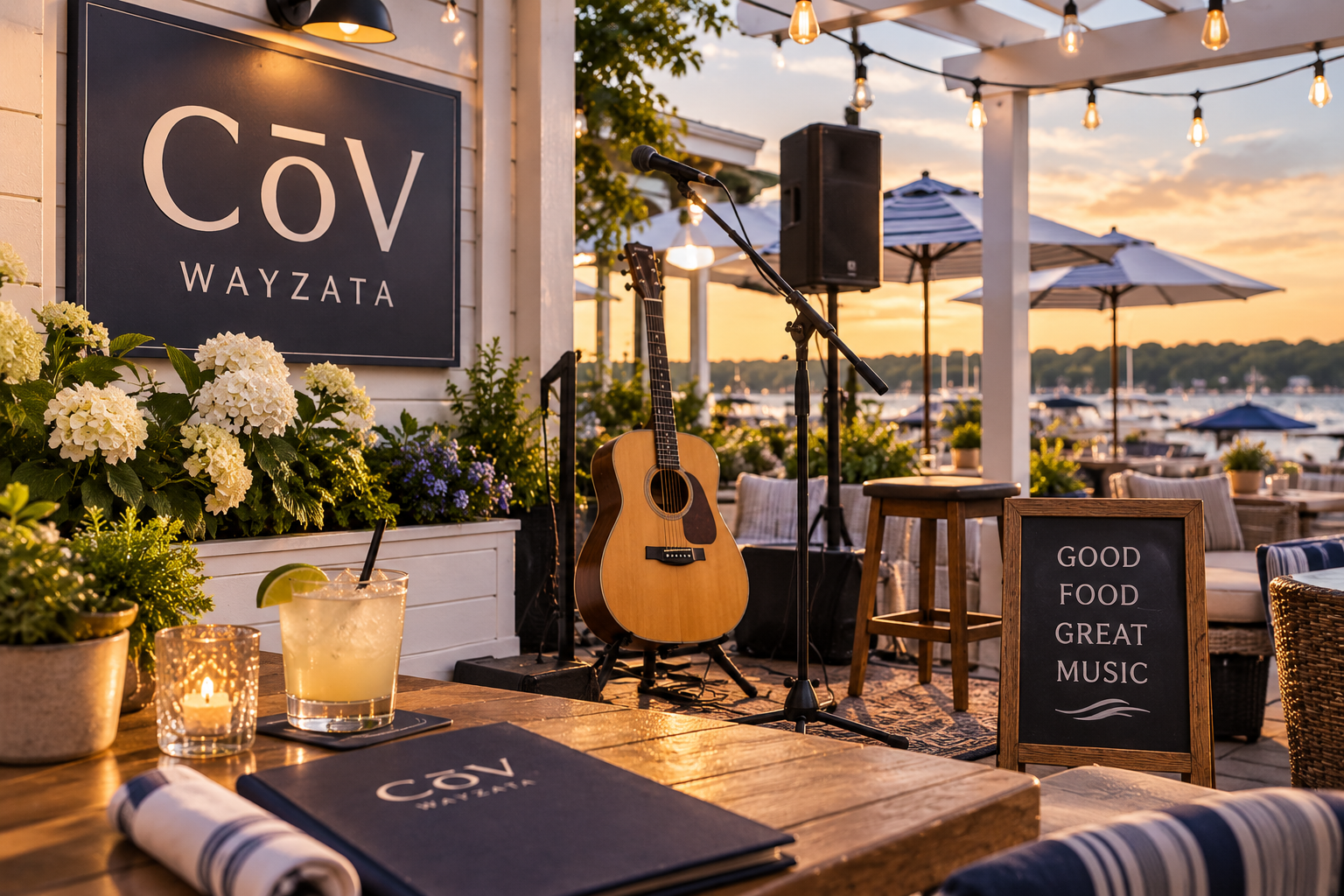 Summer live music on the patio at COV Wayzata with an acoustic guitar, cocktail and outdoor dining atmosphere.