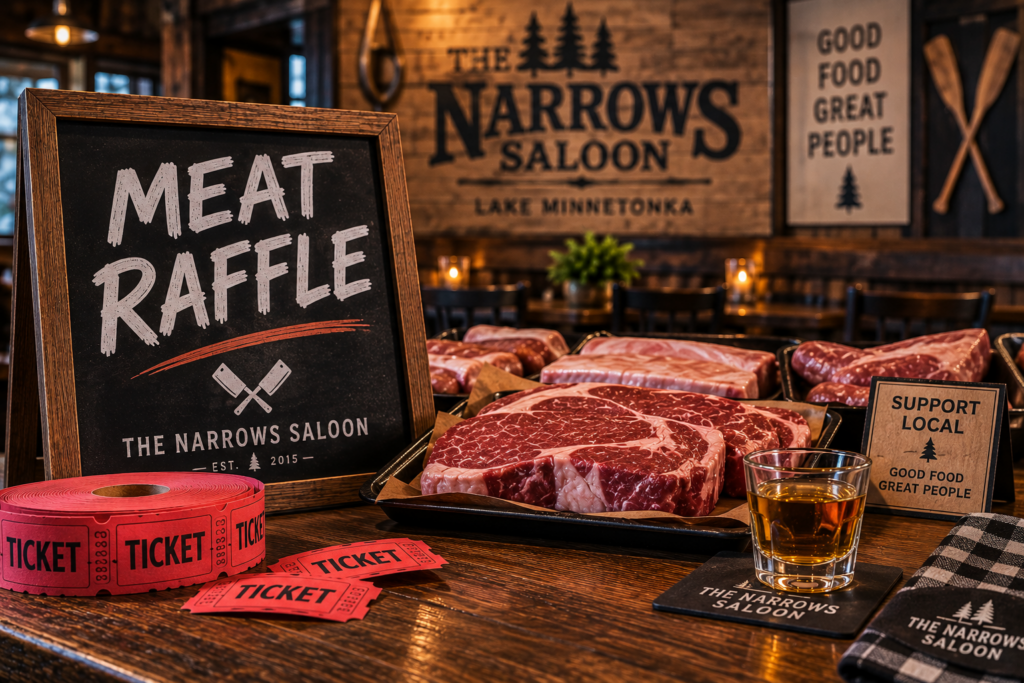 Meat raffle at The Narrows Saloon with steaks, raffle tickets and a shot of whiskey on a rustic wooden table.