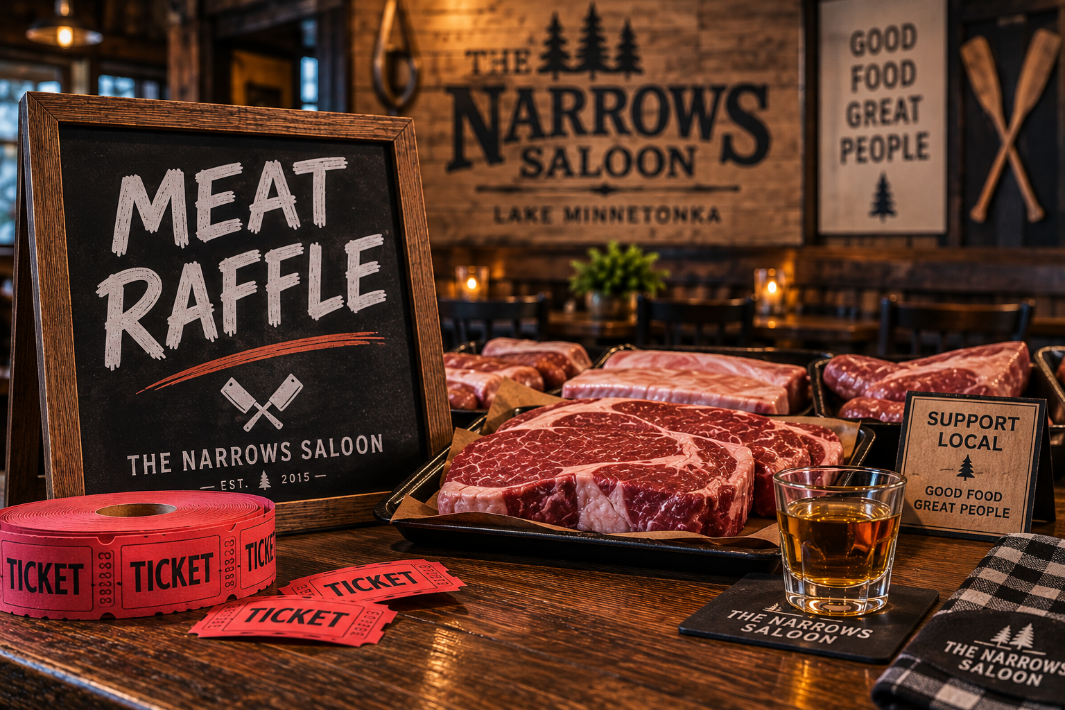 Meat raffle at The Narrows Saloon with steaks, raffle tickets and a shot of whiskey on a rustic wooden table.