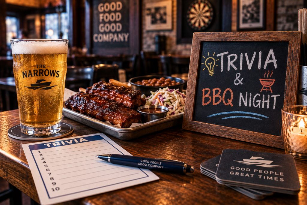 Trivia and BBQ night at The Narrows Saloon with barbecue, a cold beer and trivia answer sheet.