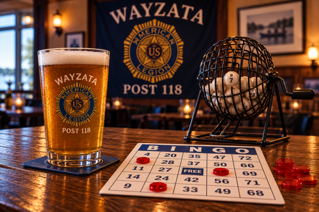 Bingo night at the Wayzata American Legion with a bingo card, beer and classic bingo ball cage.