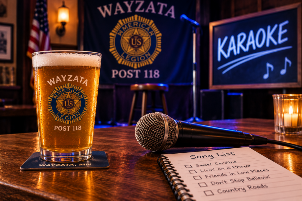 Karaoke night at the Wayzata American Legion with a microphone, beer and karaoke sign.