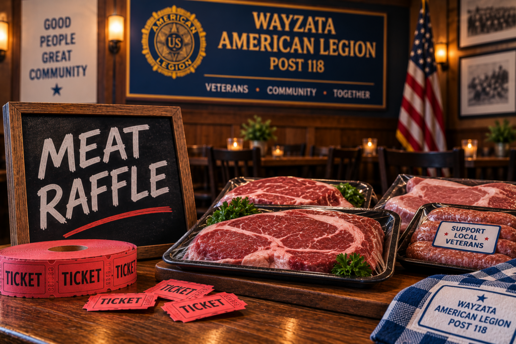 Meat raffle at the Wayzata American Legion with packaged steaks and red raffle tickets displayed on a wooden table.