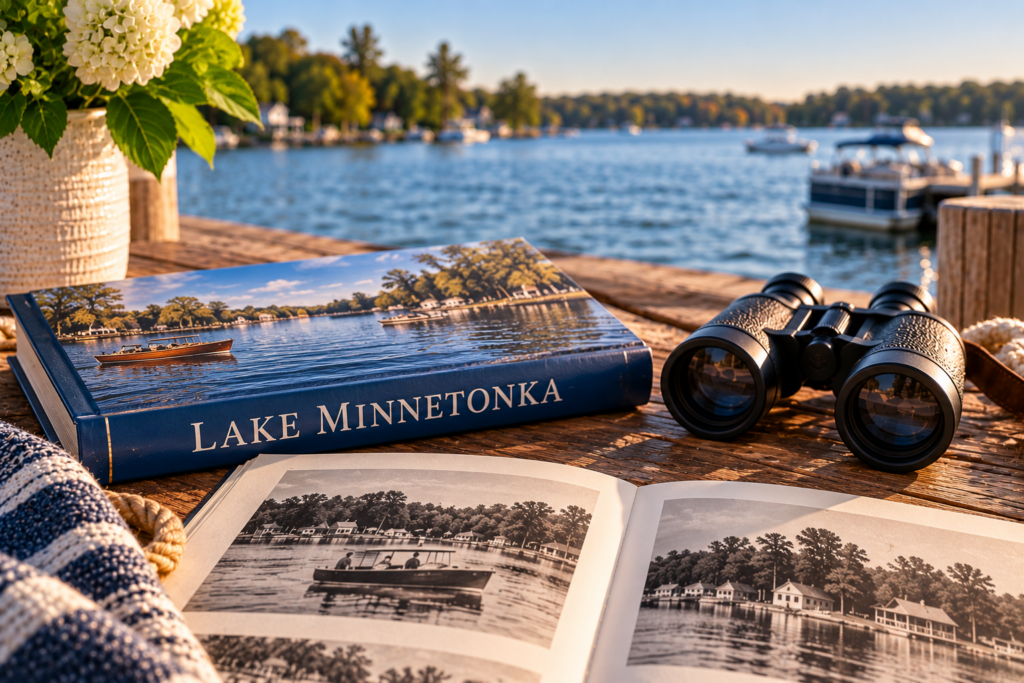 A Lake Minnetonka book, binoculars and an open album of black-and-white lake photos on a sunny dock overlooking the water