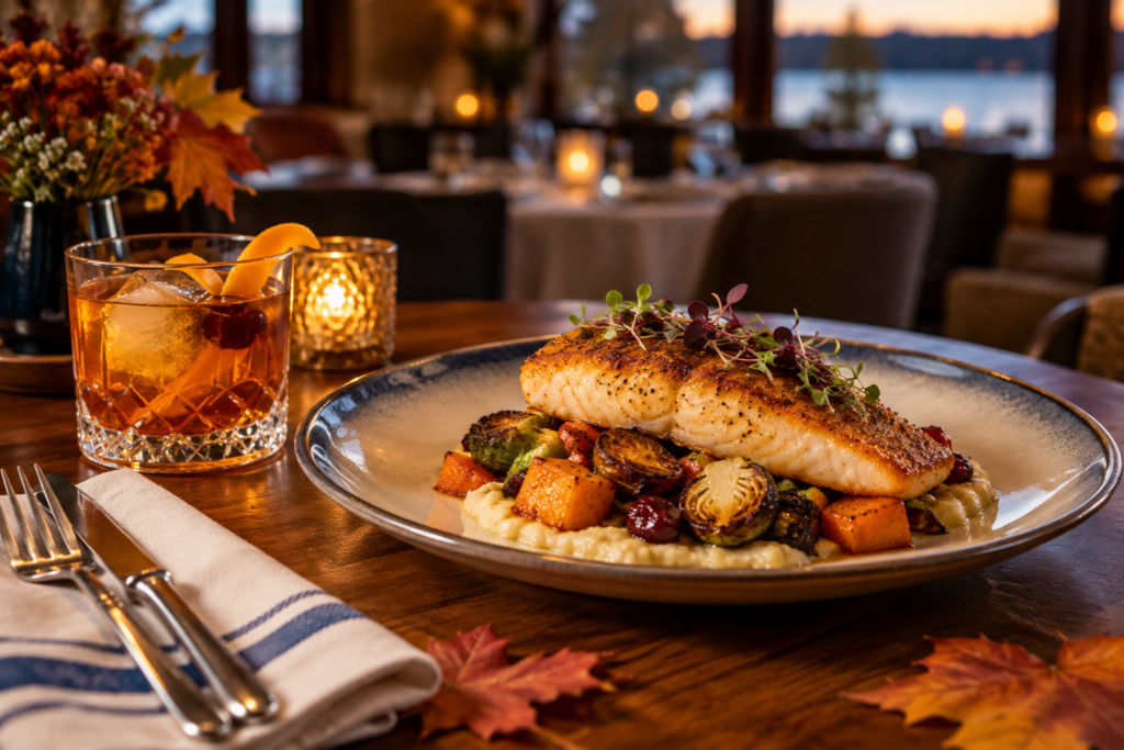 Cozy fall dining at a Lake Minnetonka area restaurant featuring a gourmet seafood entrée, autumn vegetables, a cocktail, and warm candlelight.