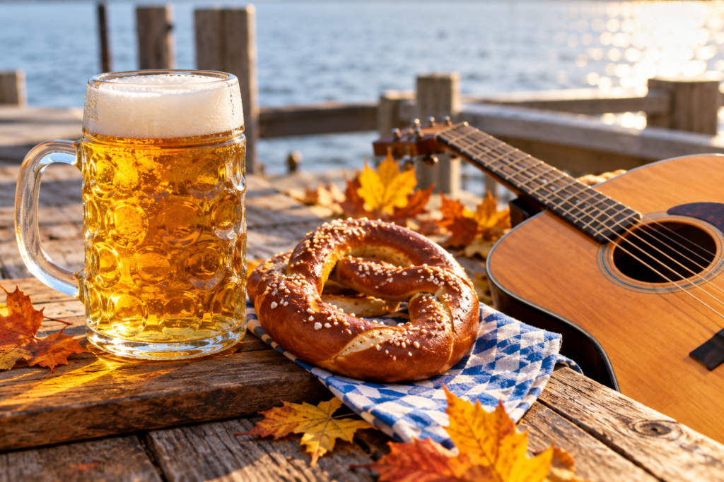 Oktoberfest on the Wharf at Lord Fletcher’s on Lake Minnetonka, featuring a beer stein, Bavarian pretzel, acoustic guitar, and autumn leaves to represent live music by Triple Dog Dare.