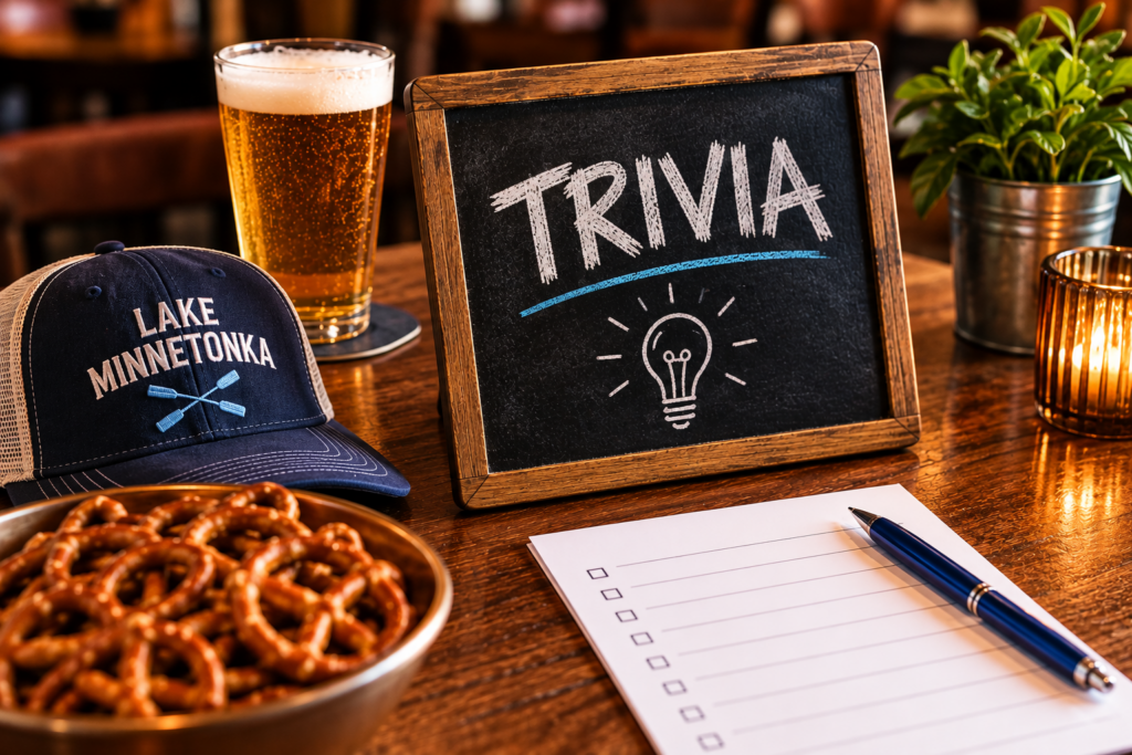 Trivia night at a Lake Minnetonka area bar featuring a chalkboard sign, Lake Minnetonka hat, beer, pretzels, and answer sheet.